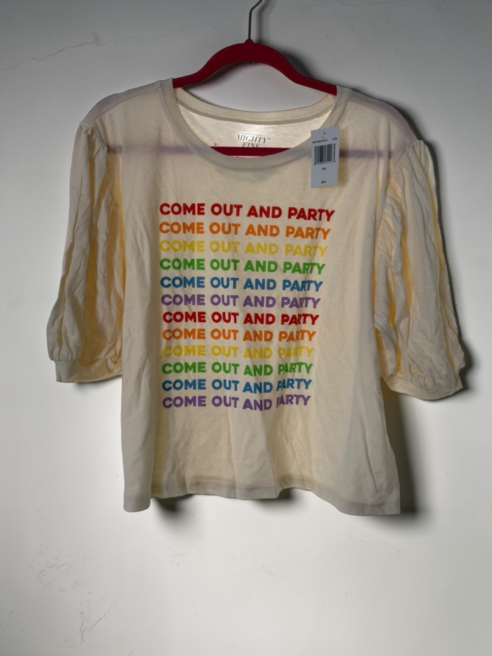 Mighty Fine Cream Pride Shirt with Rainbow Text